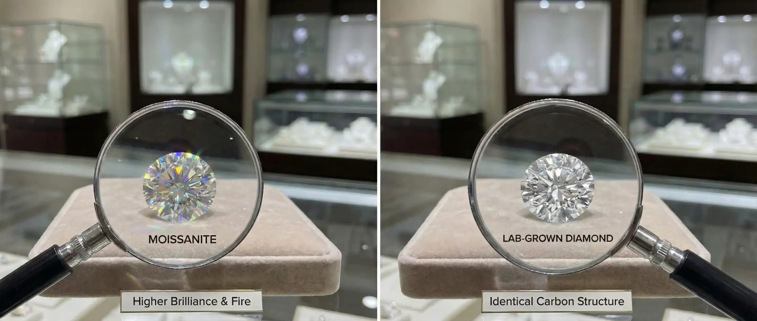 close-up of moissanite and lab-grown diamond side by side showing sparkle and brilliance
