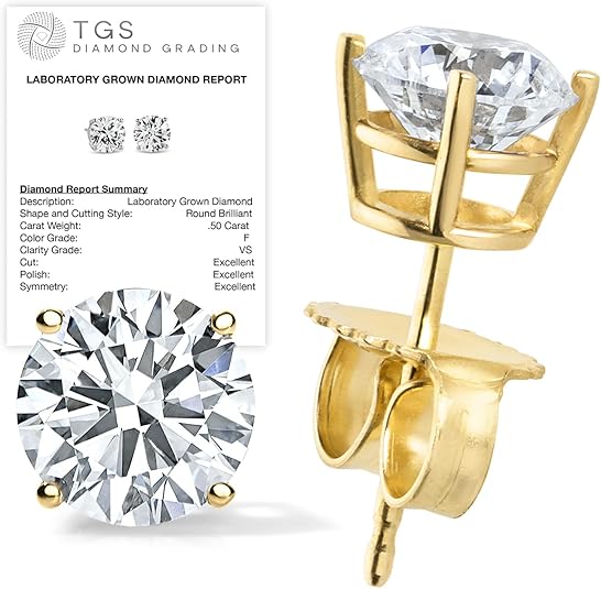 Certified lab grown diamond stud earrings 14K gold round brilliant cut premium collection studs