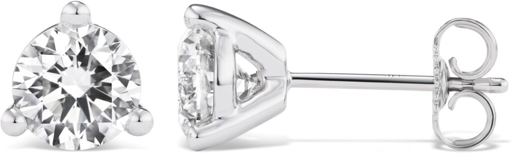IGI certified lab grown round diamond stud earrings 14K white gold 3 prong martini setting